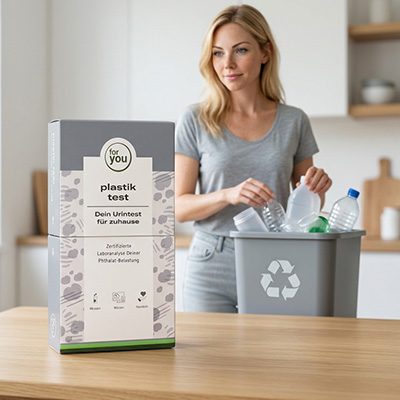Bild zeigt einen Plastik Test von for you im Vordergrund. Im Hintergrund ist eine Frau sichtbar, die Plastikflasche entsorgt.
