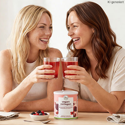Schaubild zeigt zwei Frauen, die veganes Kollagen trinken