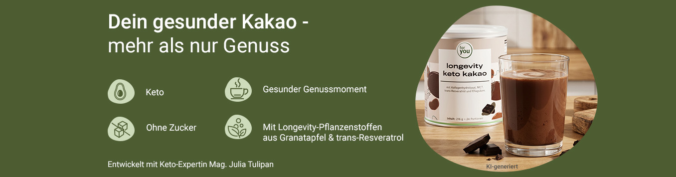 Infografik zeigt die Vorteile des longevity keto kakao von for you