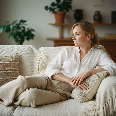 Entspannte Person auf Sofa symbolisiert Wohlbefinden durch ausgeglichene Vitamin D3 K2 Werte